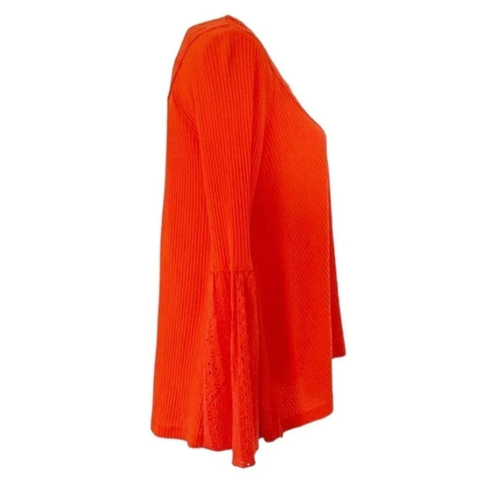 Free People NWT Boho Bell Sleeve Waffle Textured Blouse Orange Parisian Size XS